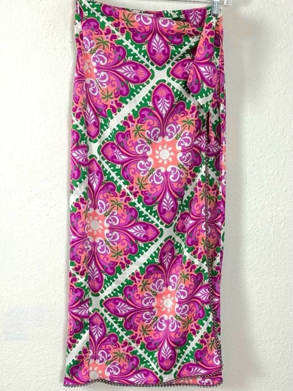 House Of Harlow 1960 Studded Ikat Spring Pink & Green Wrap Midi Skirt Size Xs
